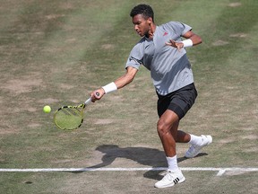Felix Auger-Aliassime plays a forehand during his semifinal match against Sam Querrey at the MercedesCup at Tennisclub Weissenhof on June 12, 2021 in Stuttgart, Germany.