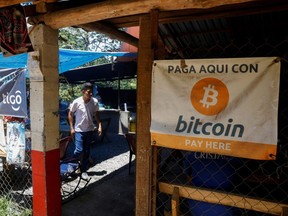 Bitcoin banners are seen outside a small restaurant at El Zonte Beach in Chiltiupan, El Salvador, Tuesday, June 8, 2021.