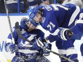 Tampa Bay Lightning's Blake Coleman (left) celebrates with Anthony Cirelli after scoring a goal against the Montreal Canadiens during the second period in Game 2 of the Stanley Cup final at Amalie Arena.