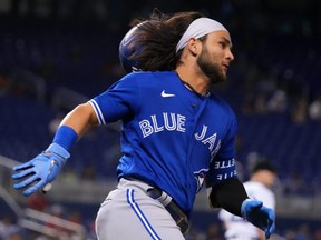 Bo Bichette of the Blue Jays runs the bases in the first inning against the Marlins at loanDepot Park in in Miami, Wednesday, June 23, 2021.