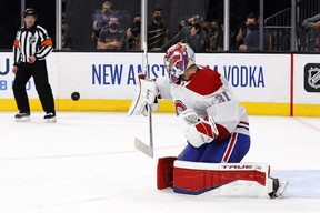 Canadiens goalie Carey Price makes a save against the Golden Knights during the second period in Game 5 of the Stanley Cup Semifinals at T-Mobile Arena in Las Vegas, Tuesday, June 22, 2021.