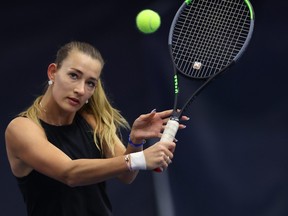 Russian Yana Sizikova poses for a photo during the Winter Moscow Open 2021 tennis tournament in Moscow, Russia, Wednesday, Feb. 24, 2021.