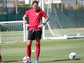 Canadian captain Christine Sinclair takes part in a training session in Algorfa, Spain on Monday, June 7, 2021. Canada were held to a scoreless tie against Czech Republic on Friday in Cartagena, Spain. Canada play Brazil in a pre-Olympic tuneup game on Monday.