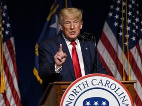 Former U.S. President Donald Trump addresses the NCGOP state convention in Greenville, North Carolina, Saturday, June 5, 2021.