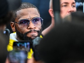 Former world welterweight king Floyd Mayweather speaks to the press during the media availability ahead of his June 6 exhibition boxing match against YouTube personality Logan Paul at Villa Casa Casuarina at the former Versace Mansion in Miami Beach, on June 3, 2021.