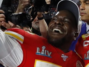 Frank Clark of the Kansas City Chiefs celebrates after defeating San Francisco 49ers at Super Bowl LIV at Hard Rock Stadium on Feb. 2, 2020 in Miami, Fla.