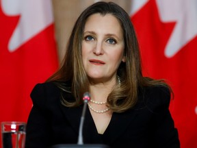 Finance Minister Chrystia Freeland attends a news conference on Parliament Hill in Ottawa, April 19, 2021.