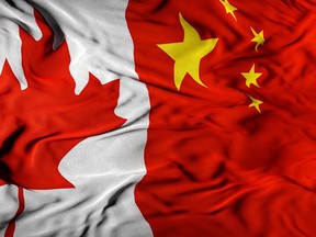 Canada - China Combined Flag | Canada and China Relations Concept | Canadian - Chinese Relationship Cover Background