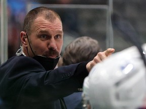 Assistant coach Brad Larsen of the Columbus Blue Jacketsin the third period at American Airlines Center on March 4, 2021 in Dallas, Texas.