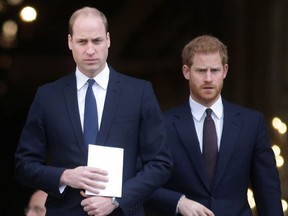 Prince William, Duke of Cambridge and Prince Harry leave after attending the Grenfell Tower National Memorial Service at St Paul's Cathedral on December 14, 2017 in London, England.