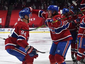 Canadiens forward Tyler Toffoli (right) celebrates with teammate Corey Perry after Montreal swept the Winnipeg Jets from the playoffs on Monday night. After knocking off Toronto and Montreal, the Canadiens seem built for the playoffs.