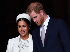 In this file photo taken March 11, 2019, Britain's Prince Harry and his wife Meghan leave after attending a Commonwealth Day Service at Westminster Abbey in central London.