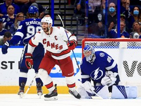 Hurricanes captain Jordan Staal celebrates an overtime power-play goal during Game 3 of the second round of the 2021 Stanley Cup Playoffs against the Lightning at Amalie Arena in Tampa, Fla., Thursday, June 3, 2021.