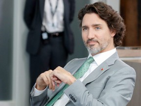 Prime Minister Justin Trudeau attends a plenary session during G7 summit in Carbis Bay, Cornwall, England, Sunday, June 13, 2021.