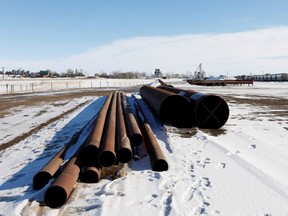 A supply depot servicing the Keystone XL crude oil pipeline lies idle in Oyen, Alta., Feb. 1, 2021.