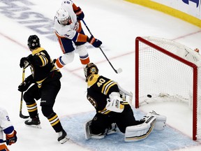 New York Islanders right wing Kyle Palmieri scores on Boston Bruins goaltender Tuukka Rask during the second period of game five of the second round of the 2021 Stanley Cup Playoffs at TD Garden in Boston, June 7, 2021.