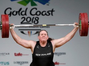 Laurel Hubbard of New Zealand competes in weightlifting at the Gold Coast 2018 Commonwealth Games, in Gold Coast, Australia, April 9, 2018.