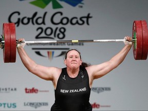 Laurel Hubbard of New Zealand competes at the Women's +90kg weighlighting even at the Gold Coast 2018 Commonwealth Games in Gold Coast, Australia,  April 9, 2018.
