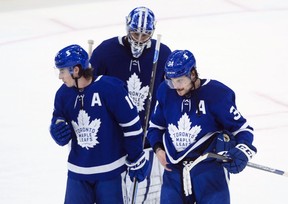 Leafs Mitch Marner, Jack Campbell and Auston Matthews skate off the ice after being eliminated by Montreal in Game 7 on Monday night. Marner and Matthews eat up a major chunk of the salary cap. THE CANADIAN PRESS