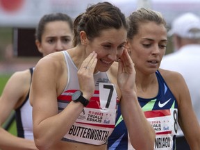 Lindsey Butterworth, of North Vancouver, B.C., reacts after winning the Women’s 800m final to qualify for the Tokyo Olympics, at the Canadian Track and Field Olympic trials in Montreal, Friday, June 25, 2021.