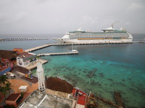 A general view shows the cruise ship Adventure of the Seas, operated by Royal Caribbean International, the first cruise ship carrying tourists to Cozumel since the outbreak of the COVID-19 pandemic in March 2020, in Cozumel, Mexico, June 16, 2021.