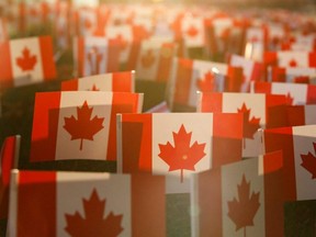Miniature Canadian Flags are seen outside Sunnybrook Hospital