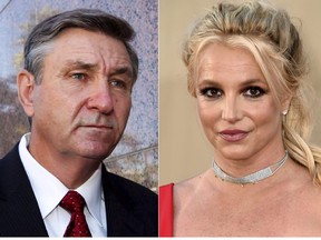This combination photo shows Jamie Spears, father of singer Britney Spears, leaving the Stanley Mosk Courthouse in Los Angeles on Oct. 24, 2012, left, and singer Britney Spears at the Los Angeles premiere of "Once Upon a Time in Hollywood" on July 22, 2019.