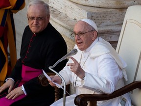 Pope Francis speaks during the weekly general audience at San Damaso courtyard on June 30, 2021 in The Vatican.