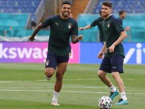Italy's Emerson Palmieri, left, with Jorginho during training at the Stadio Olympic in Rome on June 10, 2021. Italy open the Euro 2020 tournament against Turkey on June 11, 2021.
