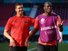 Romelu Lukaku and Leander Dendoncker during training at the Parken Stadium, Copenhagen, Denmark on June 16, 2021.