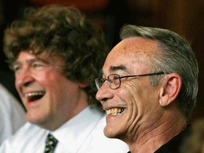 Steven Truscott (right) and his lawyer, James Lockyer (left), smile during a press conference following the announcement of his acquittal by the Ontario Court of Appeal for the 1959 murder of Lynne Harper in Toronto, on Aug. 27, 2007