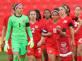 Canada players before the match against England at Stoke-on-Trent, England on April 13, 2021, Canada named its roster for the upcoming Tokyo Olympics.