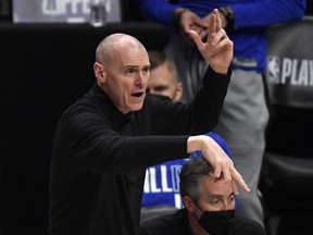 Head coach Rick Carlisle of the Dallas Mavericks directs his team against the Los Angeles Clippers at Staples Center on June 2, 2021 in Los Angeles.