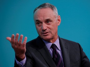 Rob Manfred, commissioner of Major League Baseball, takes part in the Yahoo Finance All Markets Summit in New York, U.S., February 8, 2017.