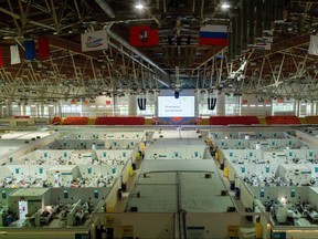 A general view of treatment blocks at a temporary hospital in the Krylatskoye Ice Palace, where patients suffering from COVID-19 are treated, in Moscow, June 11, 2021.
