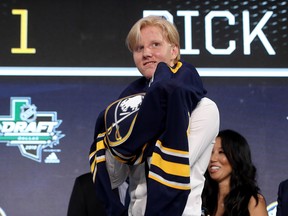 Rasmus Dahlin celebrates after being selected first overall by the Buffalo Sabres during the 2018 NHL Draft at American Airlines Center on June 22, 2018 in Dallas.