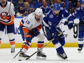 In Game 2 at Amalie Arena, the changes that must come for the Lightning are pretty simple. Turnovers such as the one by captain Steven Stamkos (right) that led to a Mathew Barzal goal for the Islanders (left) in Game 1 can’t happen.  Getty Images