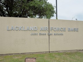 The Annex Gate entrance sign is seen at Lackland Air Force Base in San Antonio, Texas April 8, 2016.