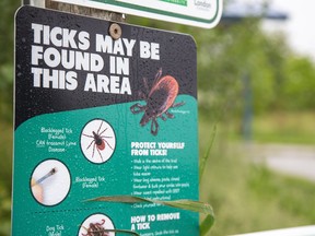A sign warning of ticks at the entrance of a path leading to the Westminster Ponds in London, Ont. on Friday, May 28, 2021.
