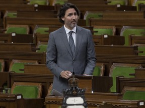 Prime Minister Justin Trudeau speaks during a debate about the discovery of remains of 215 children at the site of the Kamloops Indian Residential School, in the House of Commons, in Ottawa, Tuesday, June 1, 2021.
