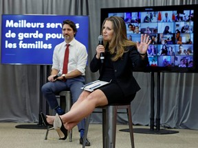 Finance Minister Chrystia Freeland along with Prime Minister Justin Trudeau talk to families virtually in Ottawa, April 21, 2021.