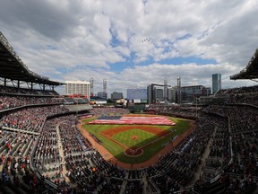 A view of Truist Park during the National Anthem prior to the game between the Atlanta Braves and the Washington Nationals on May 31, 2021 in Atlanta, Ga.
