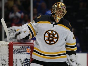 Bruins goalie Tuukka Rask reacts after a goal by the Islanders during the second period of Game 6 of the second round of the 2021 Stanley Cup Playoffs at Nassau Veterans Memorial Coliseum in Uniondale, N.Y., Wednesday, June 9, 2021.