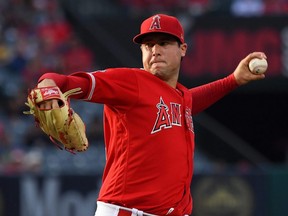 Tyler Skaggs of the Angels pitches in the first inning of a game against the Athletics at Angel Stadium, in Anaheim, Calif., June 29, 2019.