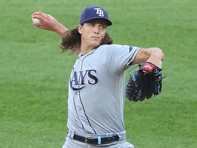 Tyler Glasnow of the Tampa Bay Rays delivers the ball against the Chicago White Sox at Guaranteed Rate Field on June 14, 2021 in Chicago.