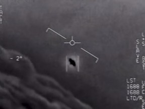 This file video grab image obtained on April 26, 2020 courtesy of the U.S. Department of Defense shows part of an unclassified video taken by Navy pilots that have circulated for years showing interactions with “unidentified aerial phenomena.”