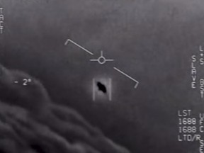 This file video grab image obtained on April 26, 2020 courtesy of the U.S. Department of Defense shows part of an unclassified video taken by Navy pilots that have circulated for years showing interactions with "unidentified aerial phenomena."