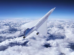 This undated artist rendering released by Boom Supersonic shows the company's supersonic airplane with the United Airlines logo.