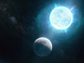A newfound small white dwarf, called ZTF J1901+1458 and located 130 light-years from Earth, that is slightly larger than the size of the moon in diameter but 1.35 times the mass of our sun, making it both the smallest in size and largest in mass of any known white dwarf is seen in an undated illustration.