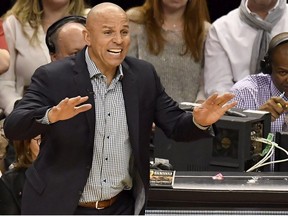 Milwaukee Bucks head coach Jason Kidd calls plays from the sidelines during second half NBA playoff basketball action against the Toronto Raptors, in Toronto on Tuesday, April 18, 2017.